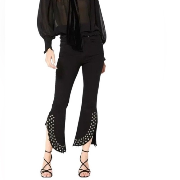 MISA NWT Star Cropped Flare Silver Grommet/Studded Fringe Hem Black Jeans - Picture 2 of 10